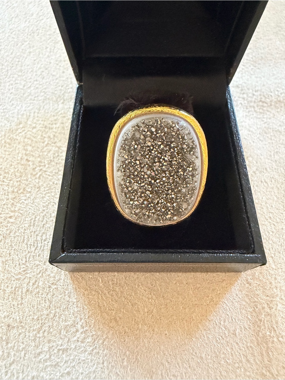 Marcia Moran Brushed Gold Gray Druzy Statement Ring